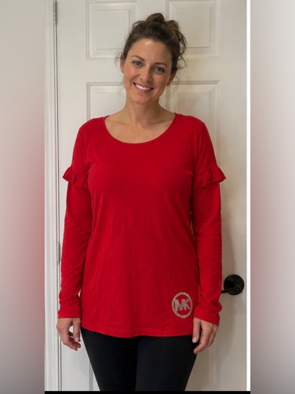 Michael Kors Red Long Sleeve Rhinestone Logo Tee Top Women’s Size XL